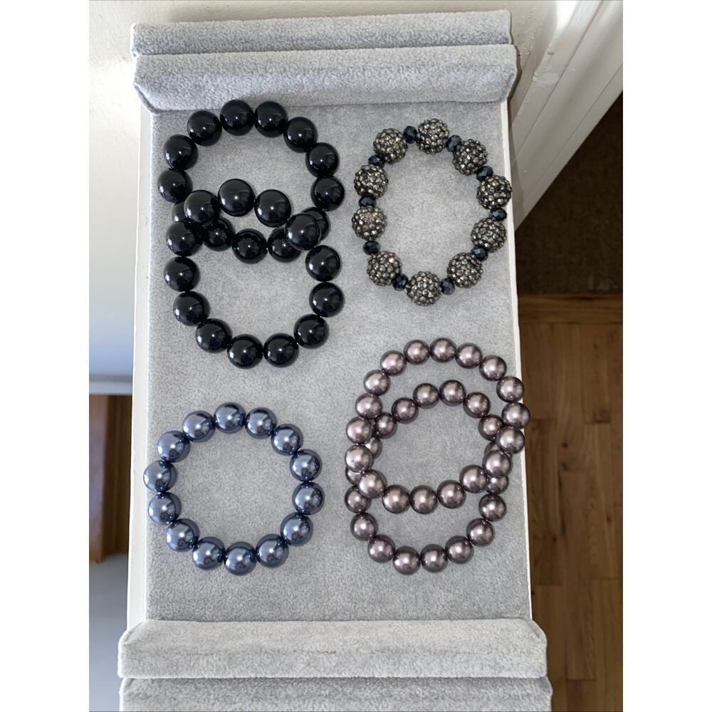 Lot of 6 ~ Black, Blue, Gray, Bronze Faux Pearl Stretch Bracelets Bundle NEW
